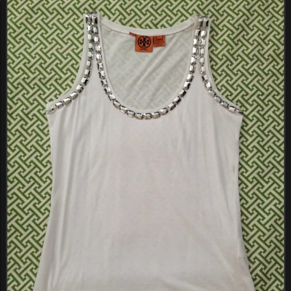 TORY BURCH WHITE COTTON SILVER BEAD EMBELLISHED TANK TOP SHIRT S